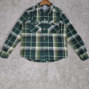 Stio Hutkeeper Flannel Shirt Men's Medium Green Plaid Organic Cotton Rugged